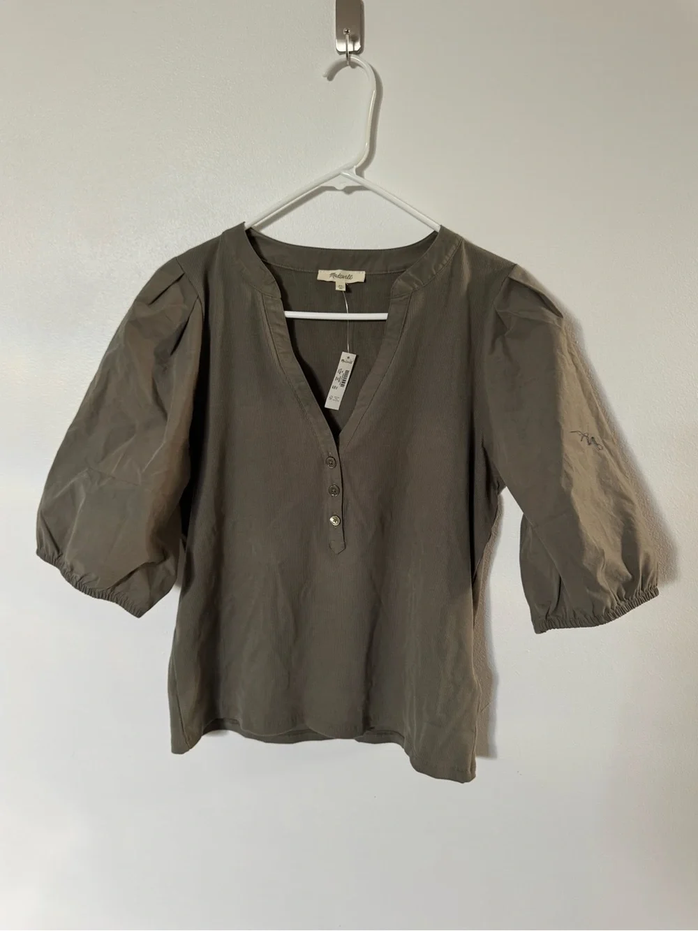 Madewell Olive Green Puff-Sleeve Henley Blouse, XL